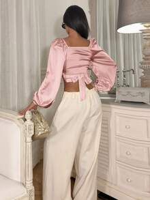 Ronhire Women's Solid Color Puff Sleeve Tie Back Cropped Casual Top - Pink - View 2