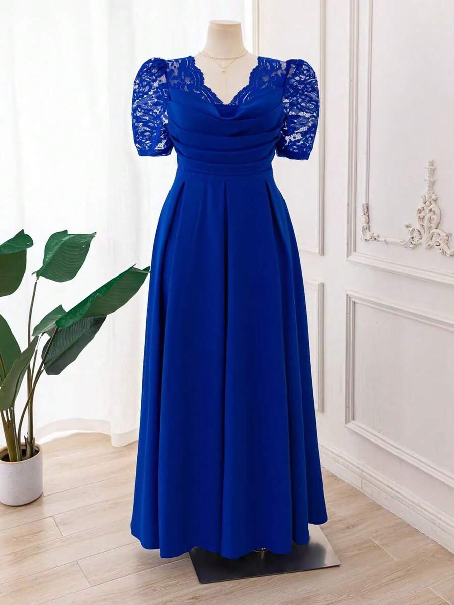SHEIN Clasi Váy maxi chữ A cổ chữ V ren màu xanh navy lãng mạn và thanh lịch cỡ lớn dành cho nữ, váy bồng bềnh, váy cocktail nữ, váy dạ hội trang trọng - Màu xanh lam - Xem 1