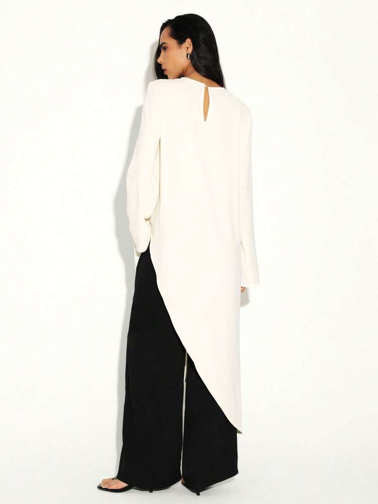 KSTM Asymmetric Flowing Tunic Blouse With High Low Hem Long Sleeves Round Neckline Casual Elegant Top