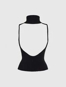 ROMWE J-Fashion 女士性感露背十字镶钻高领针织上衣 - 黑色 - 查看 3