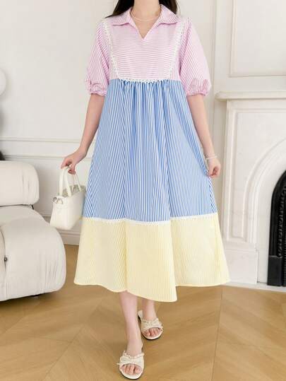 SHEIN Teen Girls' Colorful Striped Contrast Patchwork Puff Sleeve Loose A-Line Dress, Casual Vacation Street Style, Suitable For Spring And Summer