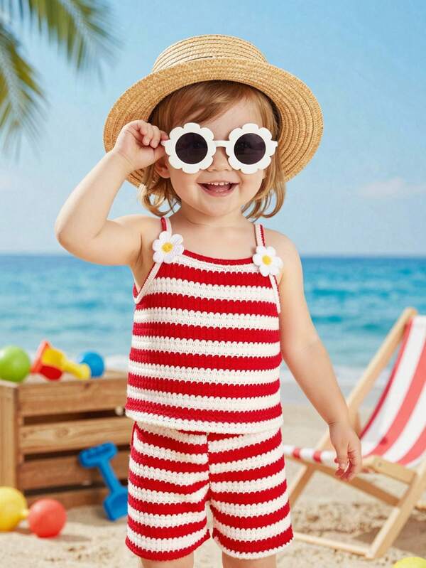 Playful Pals 2 piezas Conjunto de top de tirantes y shorts a rayas rojas y blancas para bebé niña, adecuado para uso casual, al aire libre, vacaciones y viajes