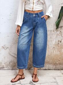 Women's Pocket Flared Casual Loose Fit Jeans - Blue - View 6