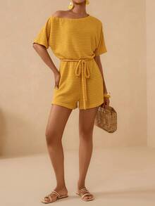 Lyxana Women's Jacquard Knit Asymmetrical Shoulder Cinched Waist Romper - Yellow - View 3