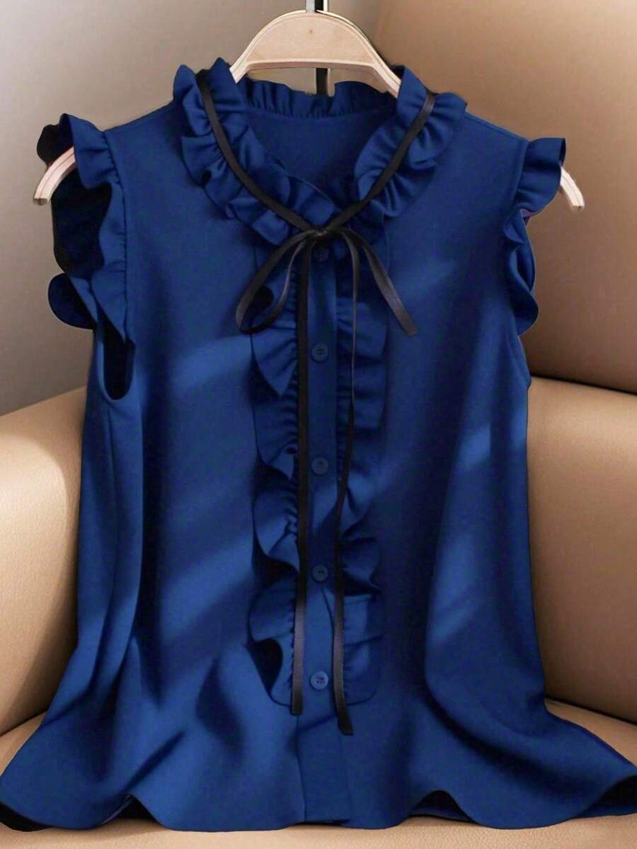 Franclia Ruffle Trim Sleeveless Casual Loose Shirt, Elegant Women's Blouse, Red Top, Summer Wear - Teal Blue - View 1