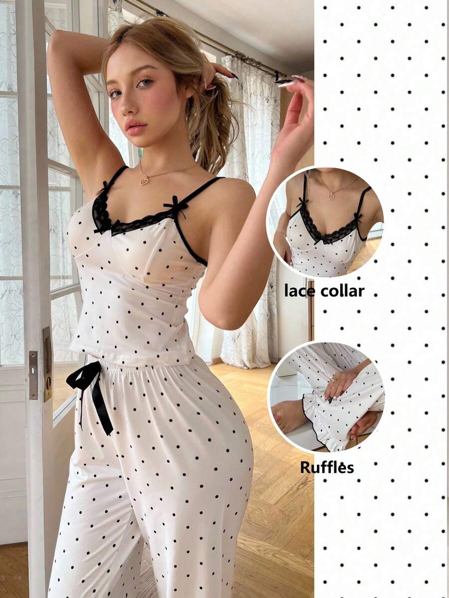 ZzzCrew 波点蕾丝边V领吊带背心和裤子女士睡衣套装 - 白色 - 查看 1