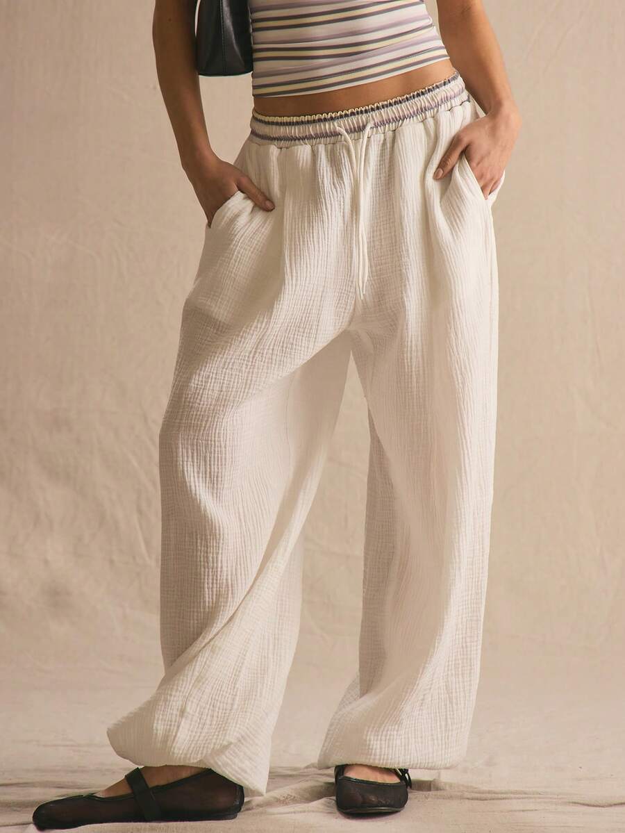 MUSERA Quần ống rộng cạp lửng kẻ sọc, chất liệu dệt kim, thích hợp mặc mùa xuân hè, ấm áp, dễ thương, hàng ngày, nữ tính, đi nghỉ mát, trang phục thường ngày Casa De Muse. - trắng - Xem 1