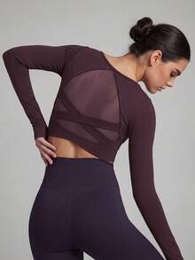 Anewsta 性感露背长袖瑜伽连体裤，胸部支撑设计，户外运动休闲上衣 - 淺灰紫 - 查看 3