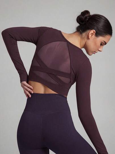 Anewsta Sexy Cross-Back Long Sleeve Yoga Jumpsuit, Supportive Bust Design, Outdoor Sports Activewear Top