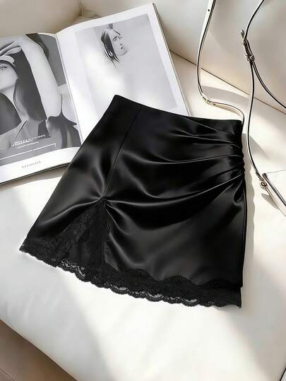 GlowEve 新款春夏休闲优雅度假沙滩派对性感开衩蕾丝拼接黑色半身裙（女款）