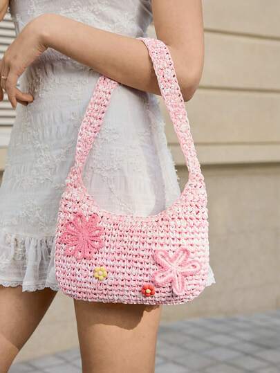 Viva Strut Bolso de hombro para mujer, bolso hobo, bolso de paja, rosa y blanco, flores, flores de ganchillo, de moda, personalizado, sencillo, versátil, de calle, dulce y fresco para chicas, chicas calientes, Y2K, retro, remaches, vintage, adolescentes, playa, vacaciones, vacaciones, verano,