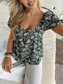 Louniche 女士休闲度假复古印花花瓣袖方领扭结衬衫 - 綠色 - 查看 7