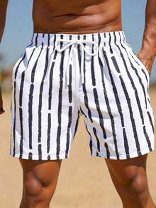 Horizaway 男士黑/白条纹沙滩短裤，夏季时尚男士度假男士短裤度假男士沙滩短裤男士夏季男士短裤海滩男士短裤男士沙滩短裤泳裤男士沙滩装，夏威夷 - 黑與白 - 查看 3