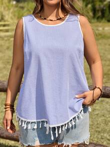 EMERY ROSE 大码女士条纹流苏度假背心，夏季女装，春季女装，度假女装，乡村音乐会服装，流苏女式衬衫，乡村女装，沙滩女装，夏季度假服装，休闲女式衬衫，夏季女式上衣，休闲夏季上衣，沙滩罩衫，沙滩女装，夏季女式上衣，夏季女式上衣，波西米亚风度假女式上衣 - 彩色 - 查看 4