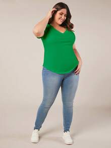 EMERY ROSE Camiseta casual versátil de manga corta y cuello en V para mujer de talla grande - Verde - Ver 4