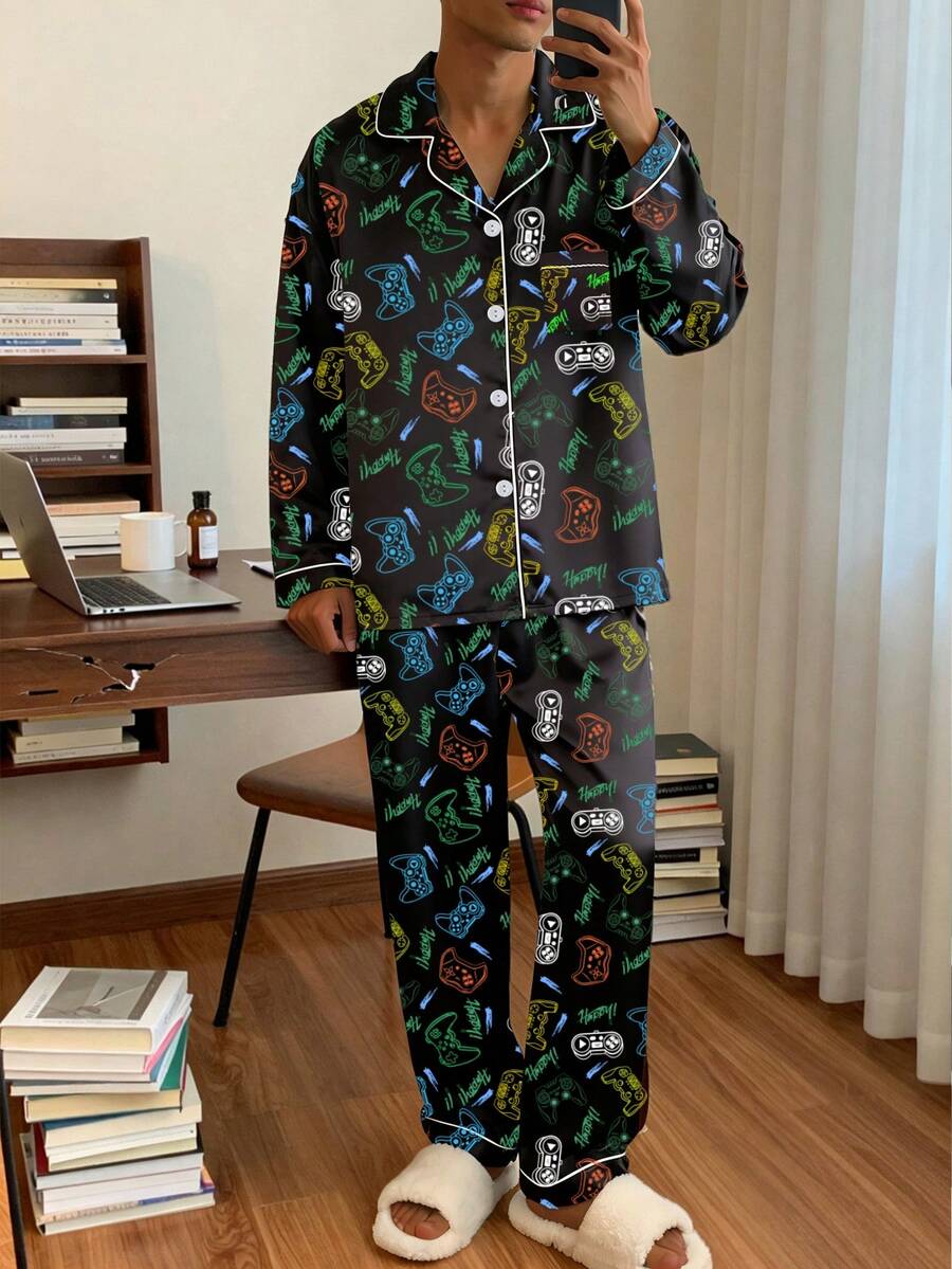 2pcs Teenage Boys' Navy Blue Zebra Print Fabric Long Pants And Cardigan Pajama Set Silk Pajama Set - Black - View 1