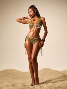 MISSGUIDED Conjunto de bikini de ganchillo con escote halter, adornos de conchas y cuentas, cubrecuerpo de playa de estilo bohemio, traje de baño de dos piezas - Verde - Ver 5