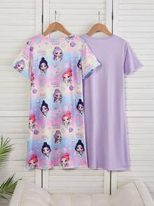 Girls Cute Sheep Pattern Comfortable 2 Pieces Round Neck Short Sleeve Long Nightgown Loungewear Character Shirts Girls - Purple - View 2