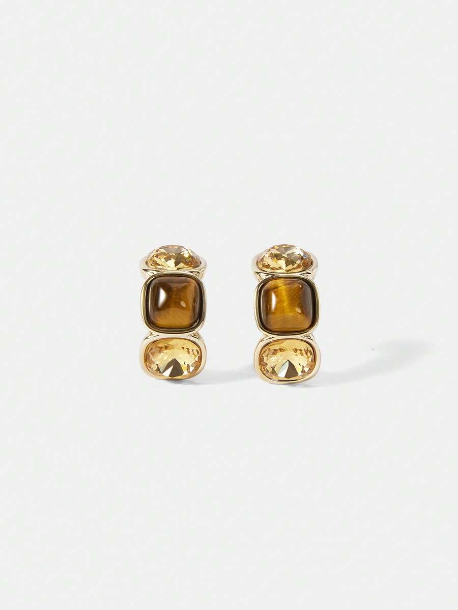 MOTF PREMIUM 轻奢时尚方形虎眼石拼接耳钉 女款，港式气质美拉德耳环 - 金色 - 查看 2