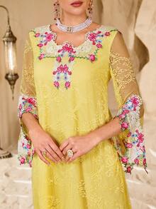 Al Najma Women's Floral Lace Round Neck Flare Sleeve Elegant Arabic Traditional Long Dress - Yellow - View 2