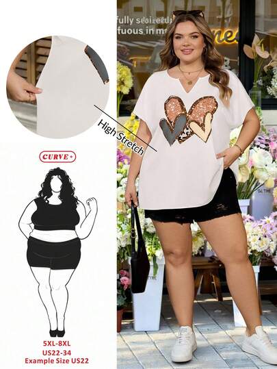 SHEIN CURVE+ Blusa casual de manga corta con estampado de leopardo y corazón, de estilo bohemio, para mujer de talla grande, ideal para festivales de música y vacaciones en la playa