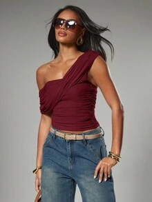Hauture Women's Sexy Casual Solid Color Asymmetrical One Shoulder Ruched Top - Burgundy - View 6