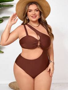 SHEIN CURVE+ Maiô de uma peça com decoração dourada em tecido na cor camelo para mulheres plus size, para praia - Caramelo - Visão 5