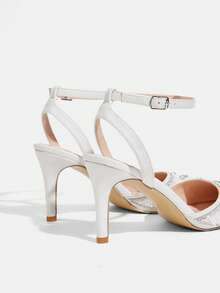 CUCCOO TILAWA Giày cao gót nữ mũi nhọn, gót mỏng, đính đá trắng, quai ngang mắt cá chân, gợi cảm, sang trọng, thích hợp cho tiệc tùng, hộp đêm, giày cao gót khoét lỗ. - trắng - Xem 5