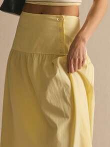 MUSERA Deep Button Detail Waistband Linen Maxi Skirt Spring Summer Cosy Cute Daily Girly Vacation Spring Casual Holiday - Light Yellow - View 5