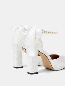 CUCCOO HITCHD 女士时尚蝴蝶结仿珍珠链条串珠简约防水厚底圆头高跟鞋，浪漫优雅白色缎面露趾高跟凉鞋，适合婚礼、派对、约会等各种场合，四季皆宜，春季婚鞋，新娘鞋 - 白色 - 查看 12