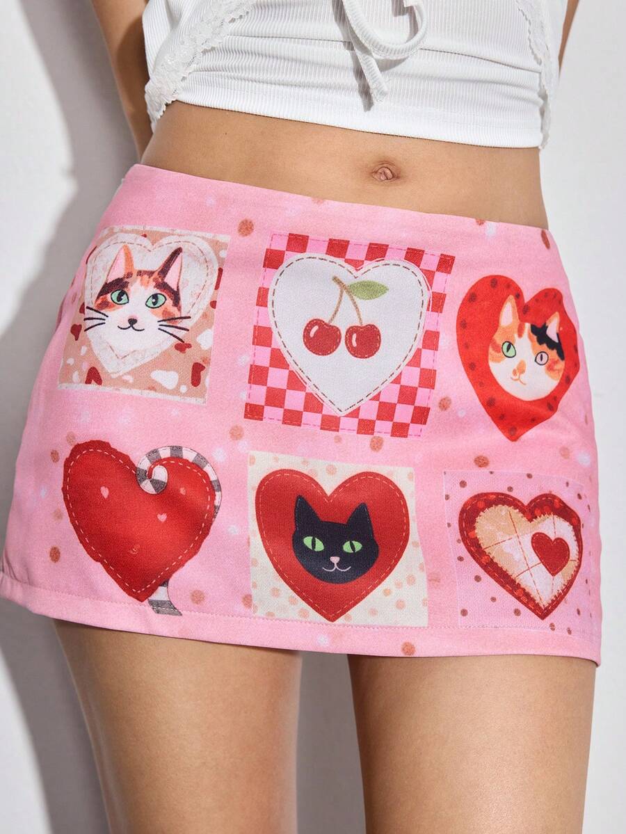 ROMWE Kawaii Cute Cat Heart Cherry Polka Dot Print Ultra Low Waist Mini Skirt For Women - Multicolor - View 1