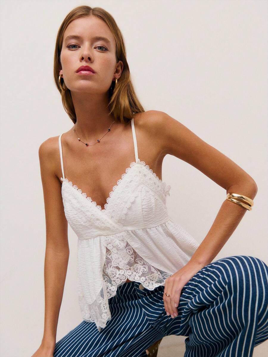 Nöista 白色吊带背心，领口和下摆饰有蕾丝花边，荷叶边设计。适合春夏穿着，女士款。 - 白色 - 查看 1