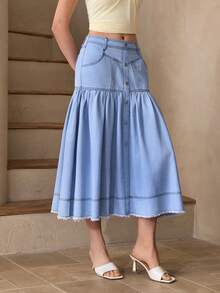 Selenza Women's Casual Denim Skirt With Pockets, Button Design And Ruffle Hem - Blue - View 5