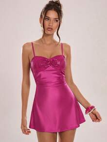 Avenya Váy satin đính sequin, hở lưng, xếp ly, cổ yếm - Màu tím - Xem 4