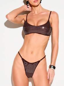 KIZN 女士银色铆钉棕色两件式比基尼套装，饰有水钻，可调节肩带，性感露臀泳裤，夏季泳装，海滩度假必备 - 棕色 - 查看 7