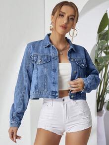 SHEIN Essnce 女士休闲百搭翻领长袖牛仔外套，适合日常穿着 - 藍色 - 查看 4