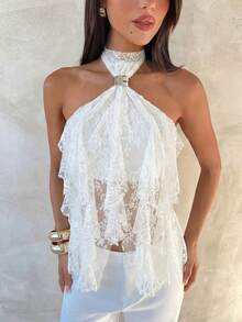Aloruh Tank Top Wanita Elegan dengan Kerah Tegak dan Trim Ruffle Berlapis-lapis, Cocok untuk Festival Musik dan Liburan, Musim Semi/Panas, Atasan Musim Panas - Hitam - View 7