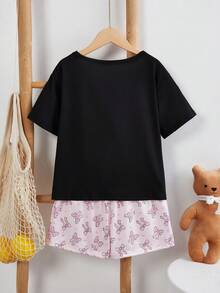 Conjunto de pijama de pantalón corto y manga corta con estampado de lazos para niñas - Negro - Ver 2