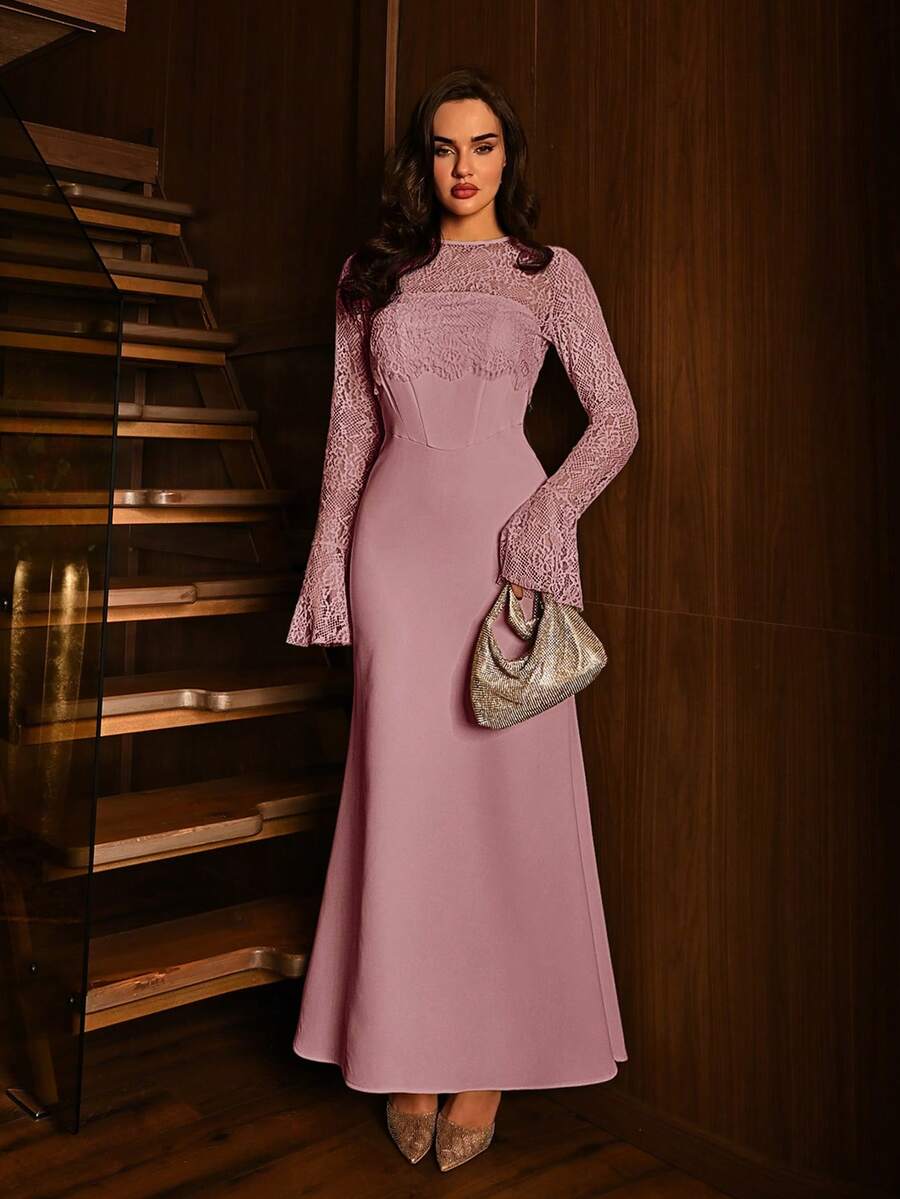 Modelyn 中东风情优雅派对蕾丝无肩带长裙，黄色和浅黄色 - 粉色 - 查看 1