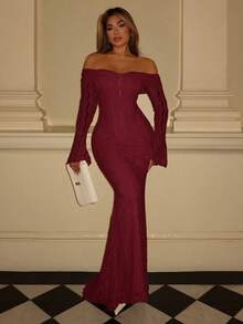 Maria Perezxox 女士优雅白色蕾丝露肩长袖美人鱼连衣裙，适合婚礼、派对、聚会 - 酒紅色 - 查看 4