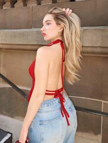 Turnttoni Women's Pleated Halter Neckline Waist-Tied Backless Tank Top - Burgundy - View 2