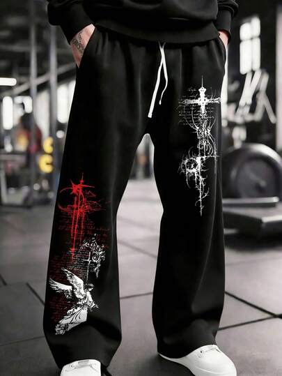 Manfinity Sport PWRUP 男士抽绳腰带交叉印花休闲百搭日常穿着及户外运动裤