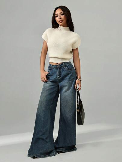 SHEIN PETITE Women's Casual Solid Color Minimalist Stand Collar Short Sleeve Sweater Jeans Wide Leg Oversized Jeans Flared Jean Denim Outfit Women Jean Crop Top
