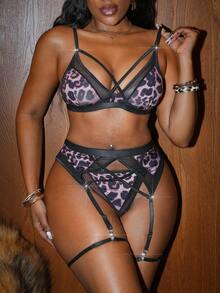 5pcs Leopard Print Milk Silk Hollow Cross Sexy Lingerie Set For Women - Multicolor - View 1