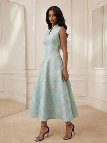 Playroots 女士优雅时尚修身无袖V领提花亮片中长连衣裙，适合情人节穿着 - 藍色 - 查看 4