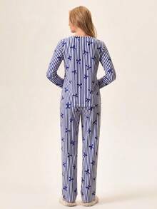 Loomlin Women Cotton 2 Pcs Striped&Bot Pattern Homewear Cute Pajama Set - Blue - View 2