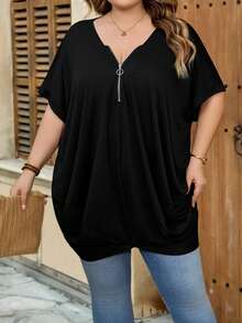 SHEIN CURVE+ Áo thun nữ tay ngắn màu trơn, có khóa kéo nửa thân, cỡ US22, phong cách lễ hội âm nhạc, kỳ nghỉ bên bờ biển, phong cách bohemian, kiểu dáng rộng rãi, màu đen, áo thun thường ngày. - màu đen - Xem 2