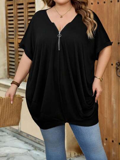 SHEIN CURVE+ Camiseta casual holgada de manga corta con media cremallera y unicolor para mujer de talla grande