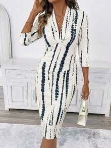 SHEIN Clasi 女士时尚通勤扎染印花修身中长连衣裙 - 彩色 - 查看 3