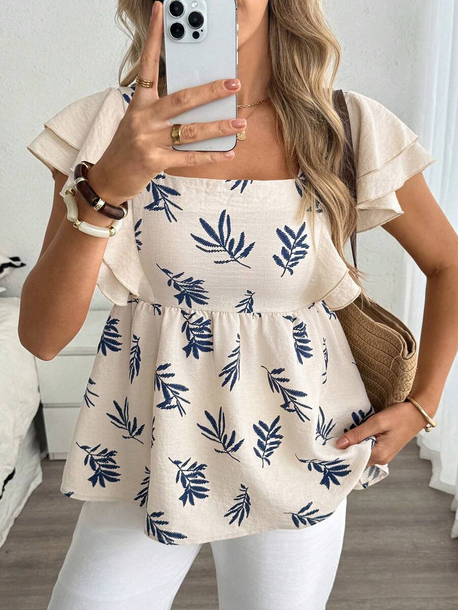 Louniche Women Summer Vacation Elegant Plant Printed Ruffle Sleeve Square Neck Casual Top - Apricot - View 1